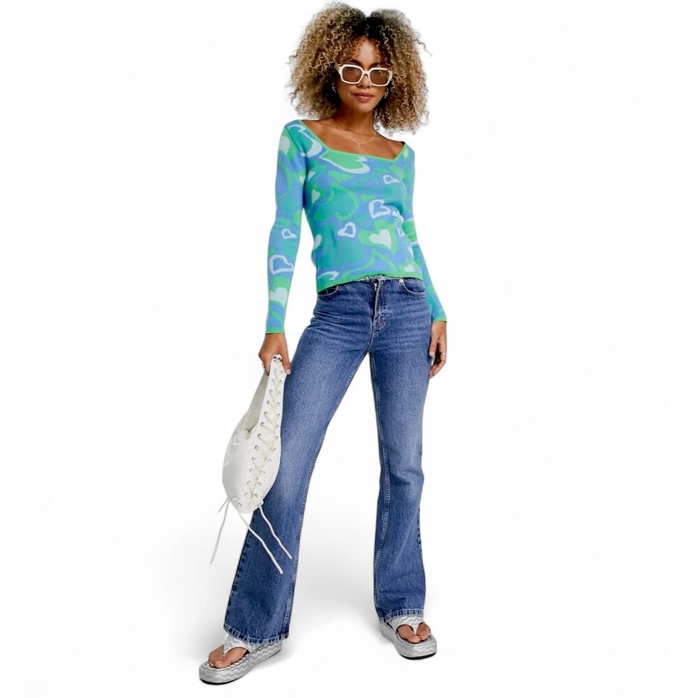 Asos Design NWT Square Neck Knitted Top With Wavy Heart Pattern in Blue Green 6